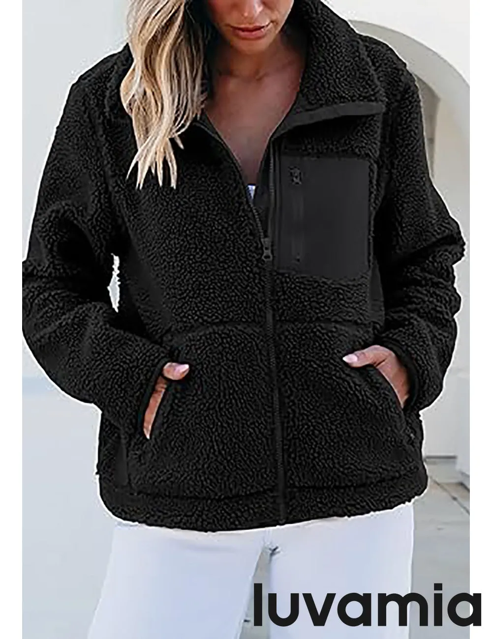 luvamia Jackets for Women Trendy Zip Up Long Sleeve Winter Fall Casual Warm Fleece Coat Jackets with Pockets