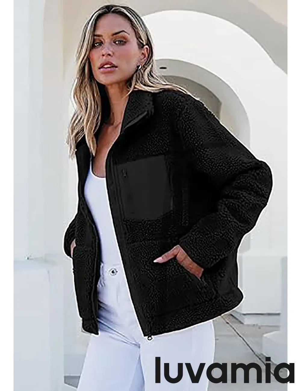 luvamia Jackets for Women Trendy Zip Up Long Sleeve Winter Fall Casual Warm Fleece Coat Jackets with Pockets