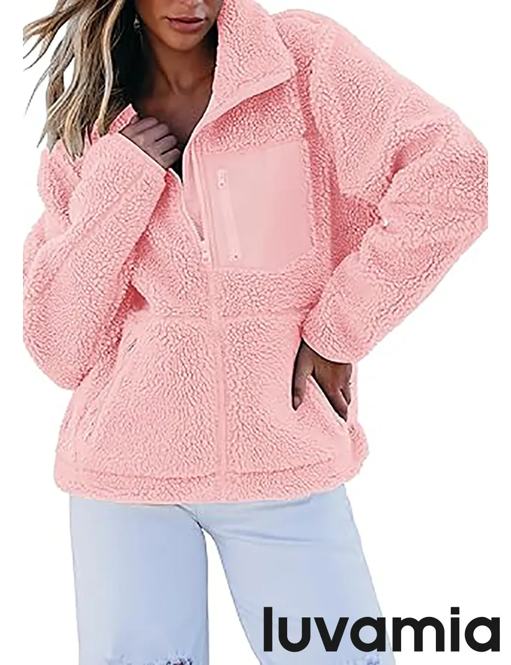 luvamia Jackets for Women Trendy Zip Up Long Sleeve Winter Fall Casual Warm Fleece Coat Jackets with Pockets