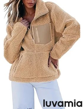 luvamia Jackets for Women Trendy Zip Up Long Sleeve Winter Fall Casual Warm Fleece Coat Jackets with Pockets