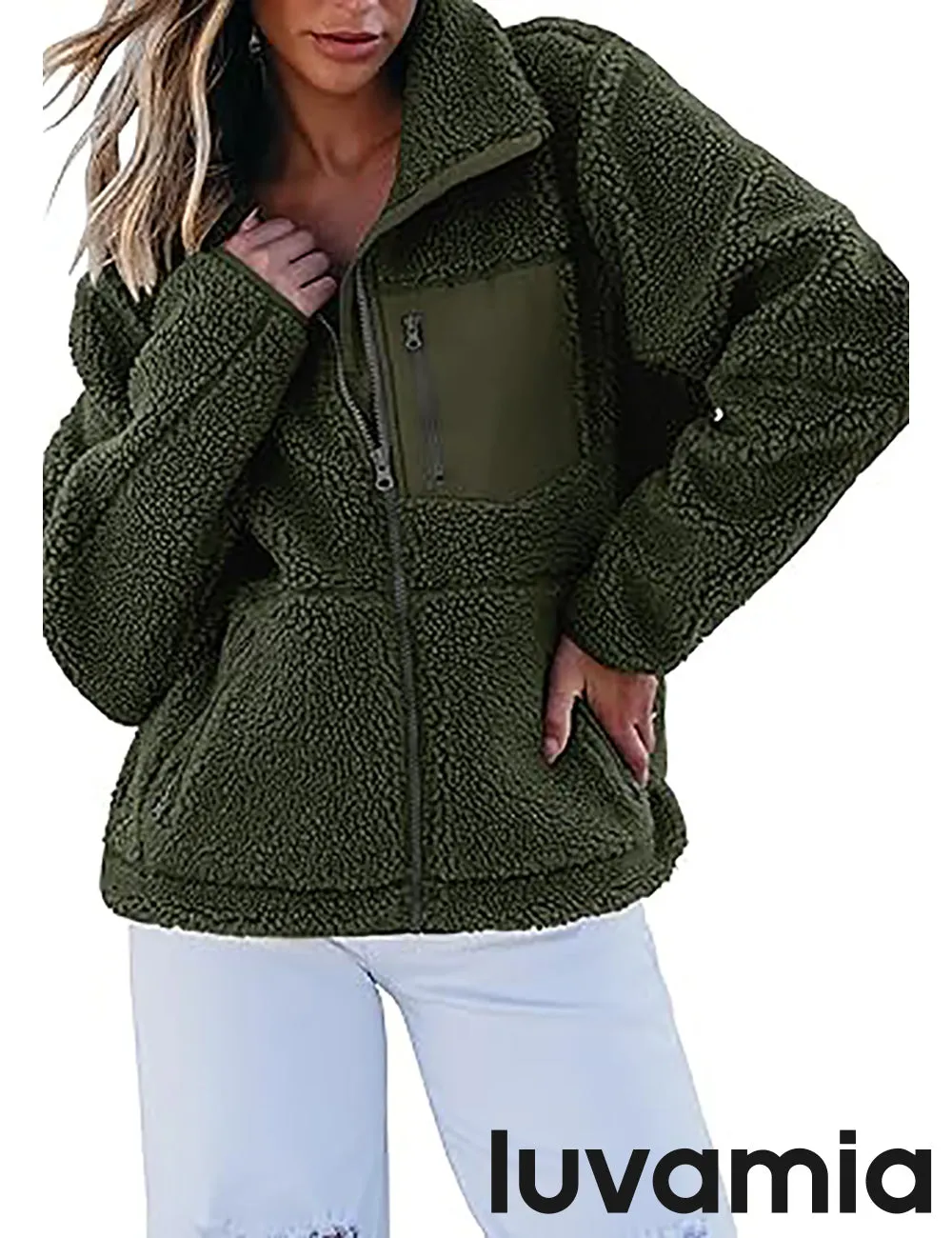 luvamia Jackets for Women Trendy Zip Up Long Sleeve Winter Fall Casual Warm Fleece Coat Jackets with Pockets