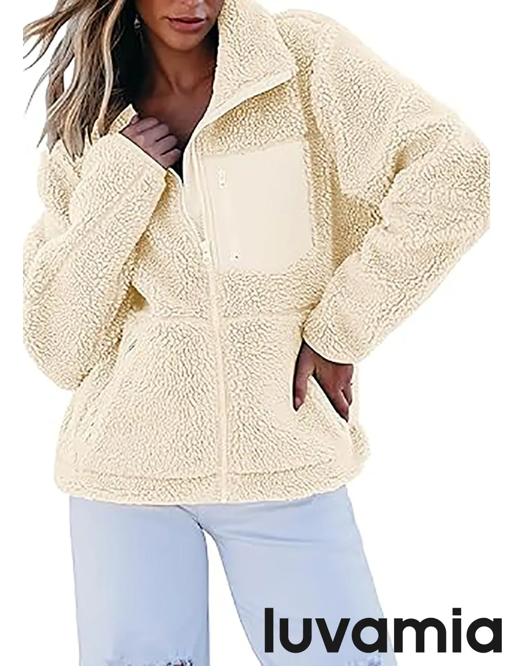 luvamia Jackets for Women Trendy Zip Up Long Sleeve Winter Fall Casual Warm Fleece Coat Jackets with Pockets