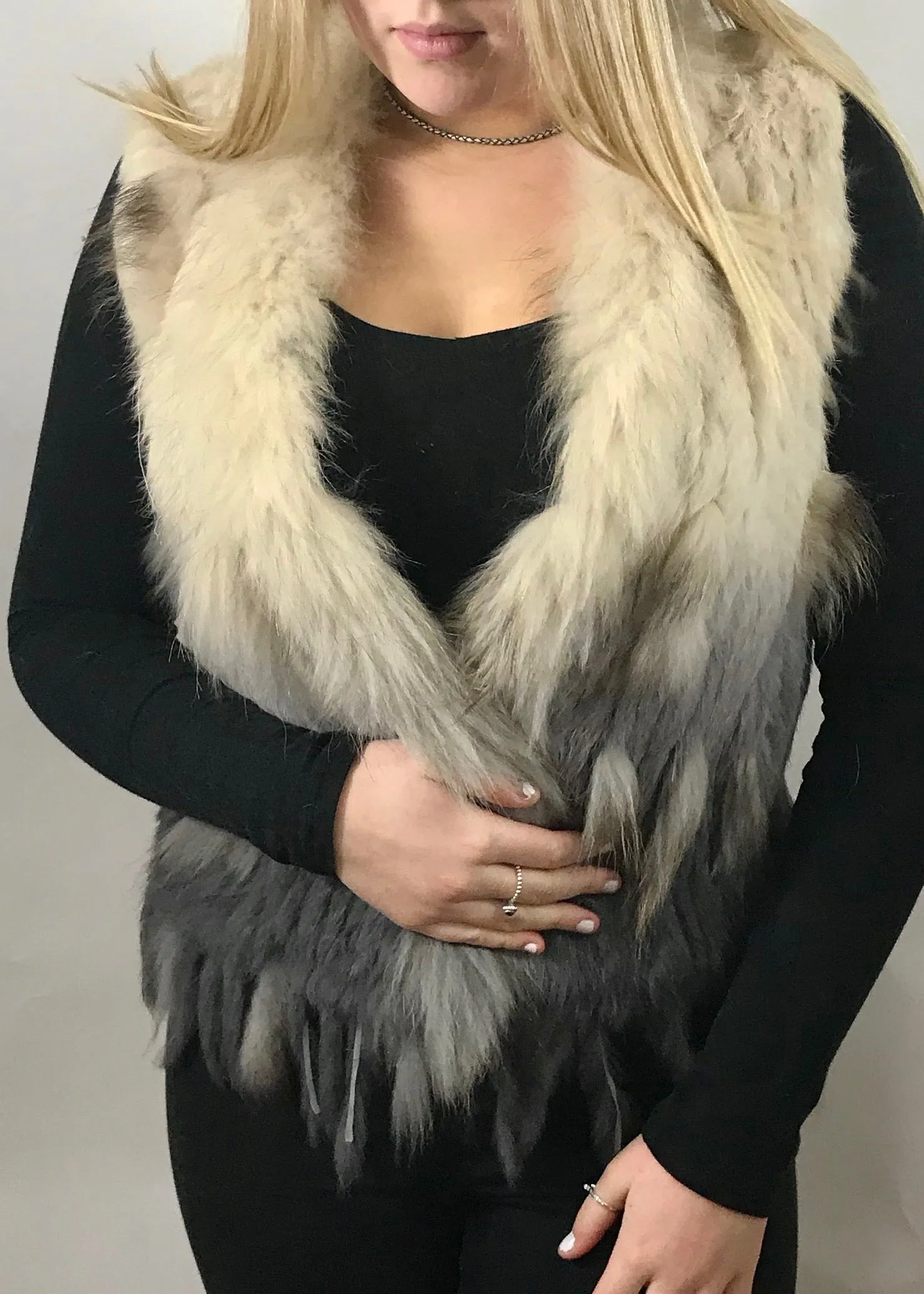 Luxury Coney Fur stunning Two Tone short Fur Gilet with bottom edge detail by Feathers Of Italy One Size