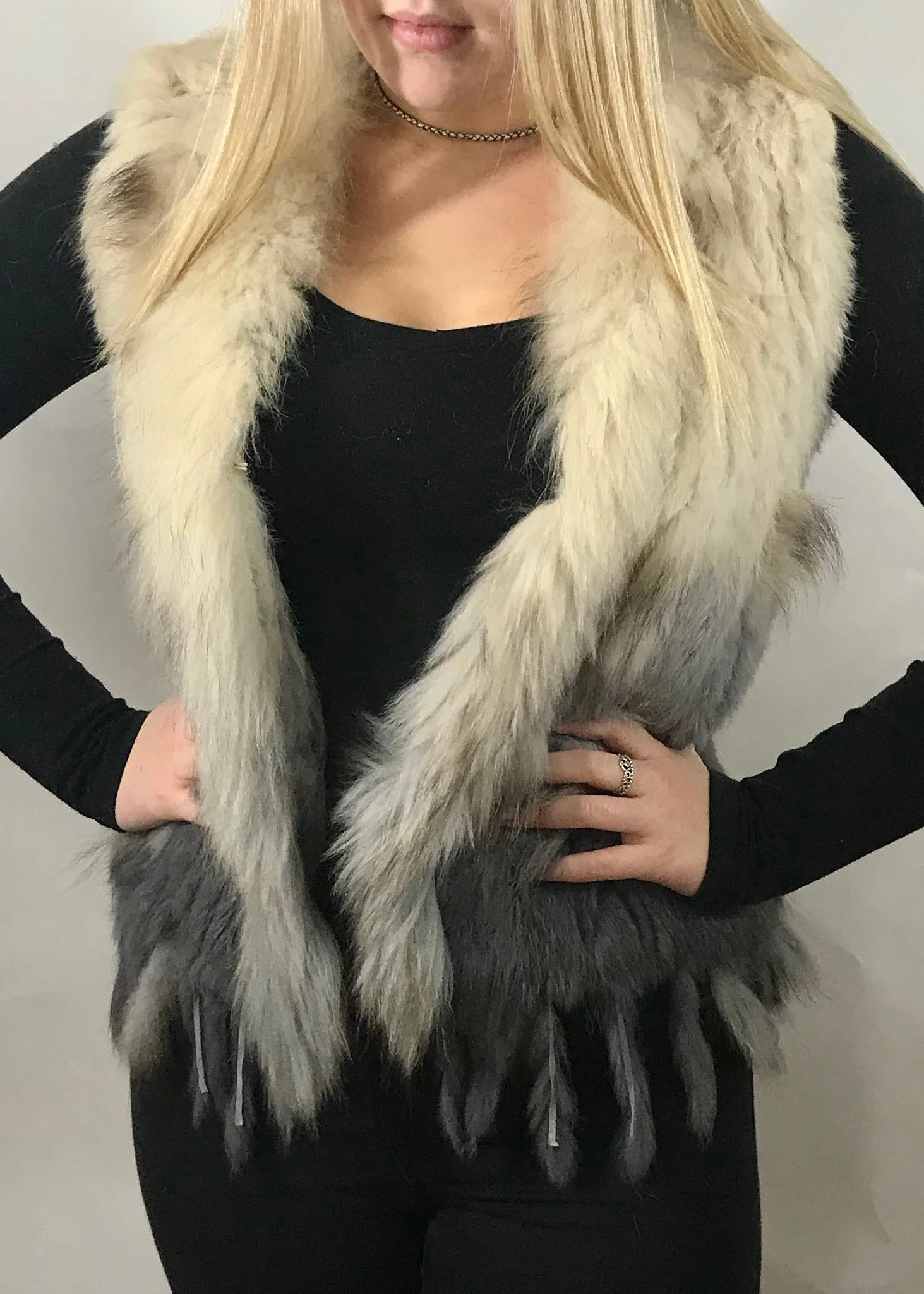 Luxury Coney Fur stunning Two Tone short Fur Gilet with bottom edge detail by Feathers Of Italy One Size