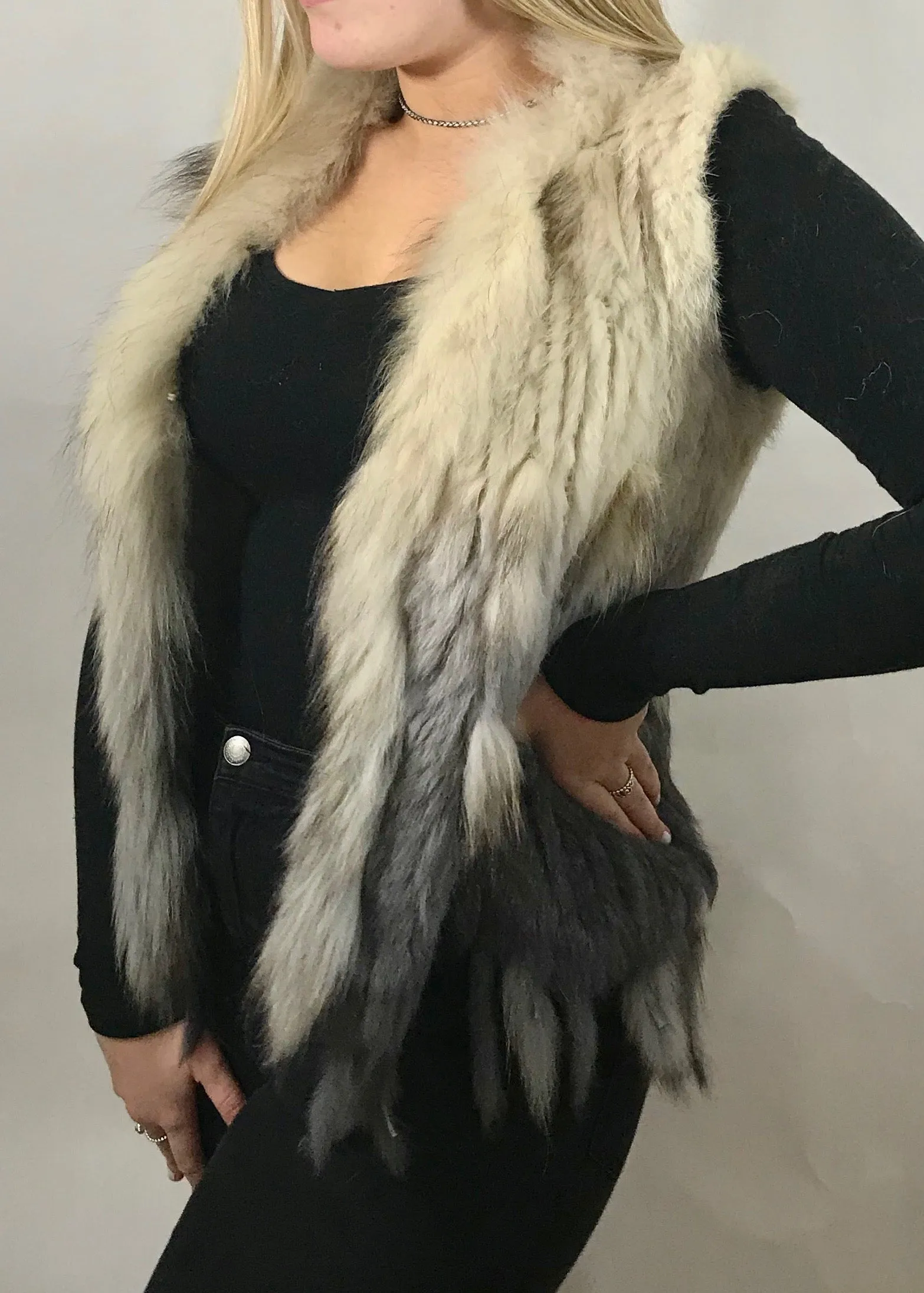 Luxury Coney Fur stunning Two Tone short Fur Gilet with bottom edge detail by Feathers Of Italy One Size