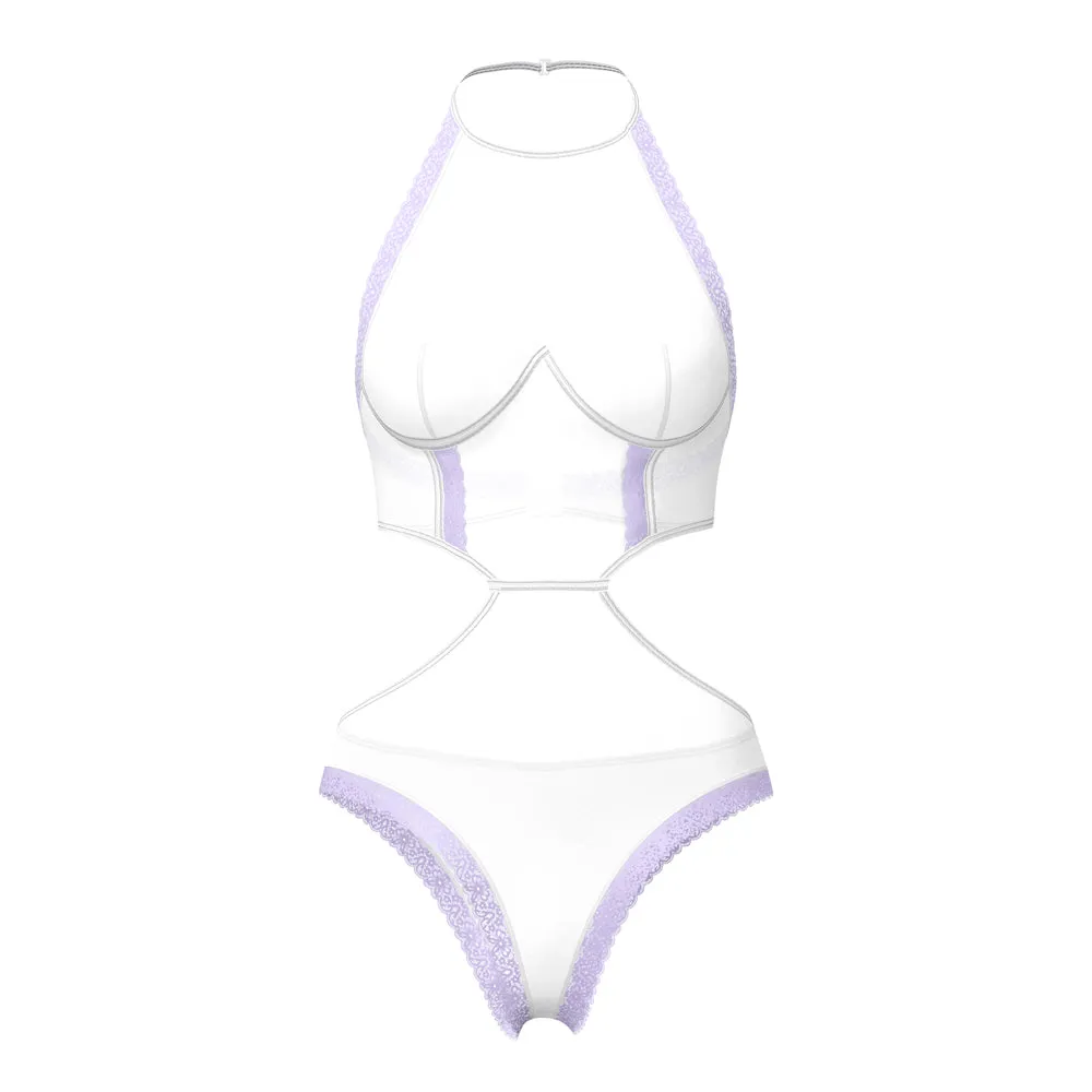 Magic Silk Sheer Passion Halter Teddy White/Lavender L/XL