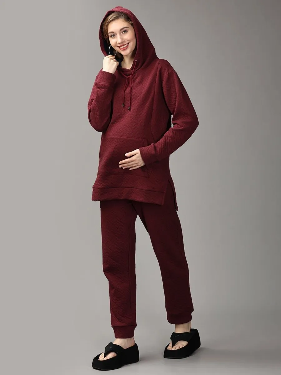 Majesty’s Red Quilted Maternity And Nursing Hoodie Pajama Loungewear Set