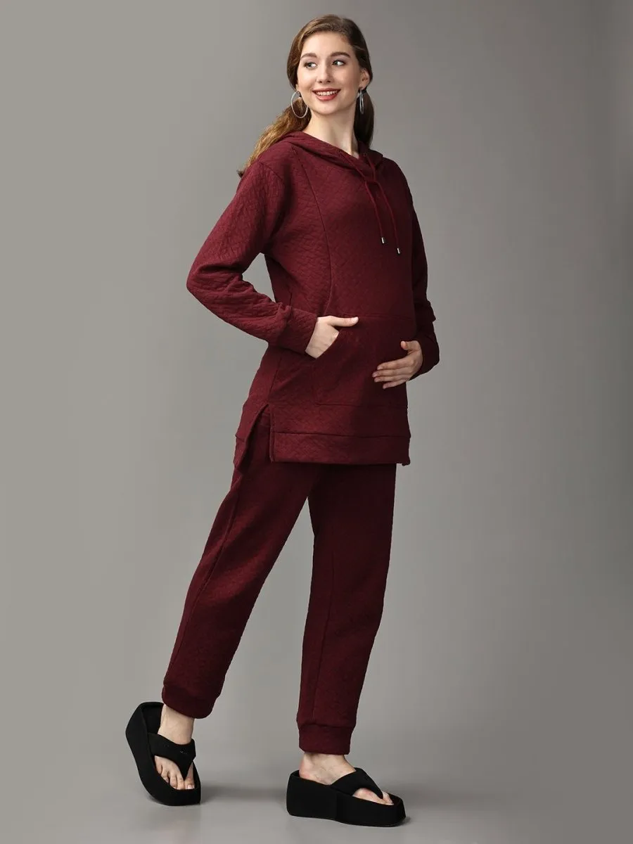 Majesty’s Red Quilted Maternity And Nursing Hoodie Pajama Loungewear Set