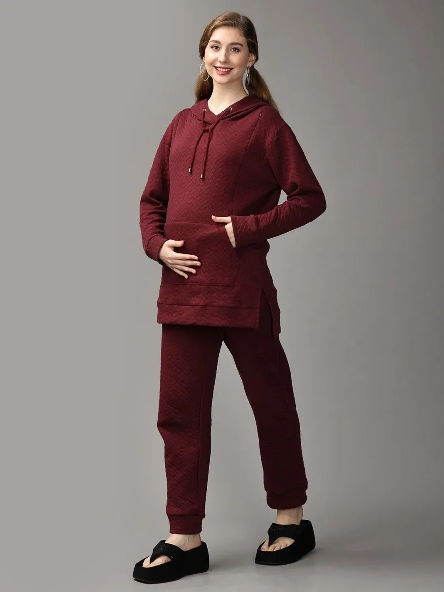 Majesty’s Red Quilted Maternity And Nursing Hoodie Pajama Loungewear Set