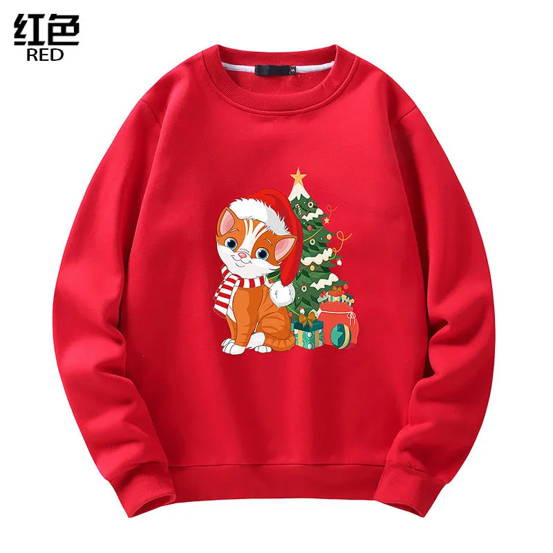 Men's Christmas Cat Print Crew Neck Sweatshirt