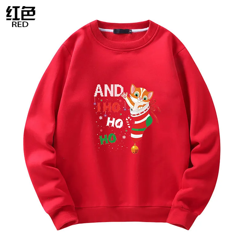 Men's Christmas Cat Print Crew Neck Sweatshirt