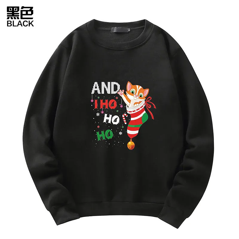 Men's Christmas Cat Print Crew Neck Sweatshirt