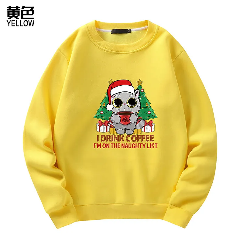 Men's Christmas Cat Print Crew Neck Sweatshirt