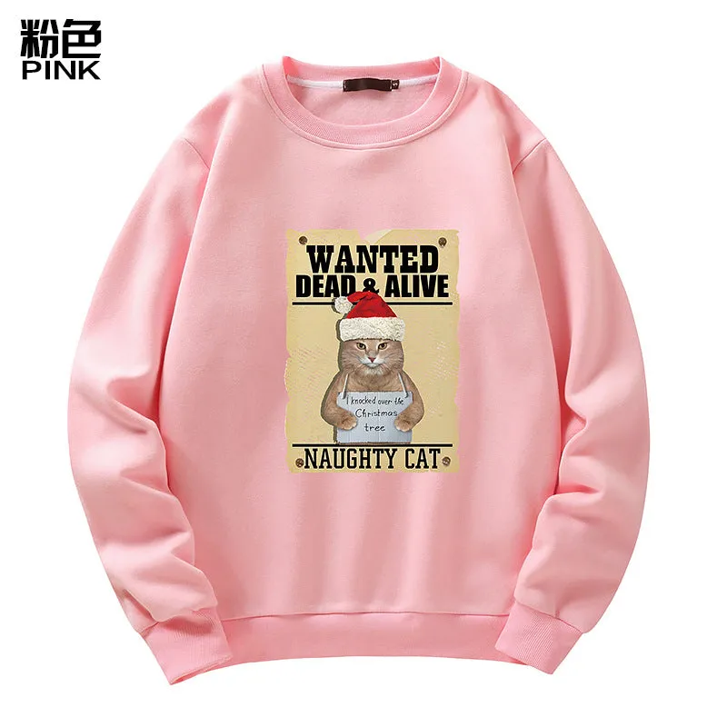 Men's Christmas Cat Print Crew Neck Sweatshirt