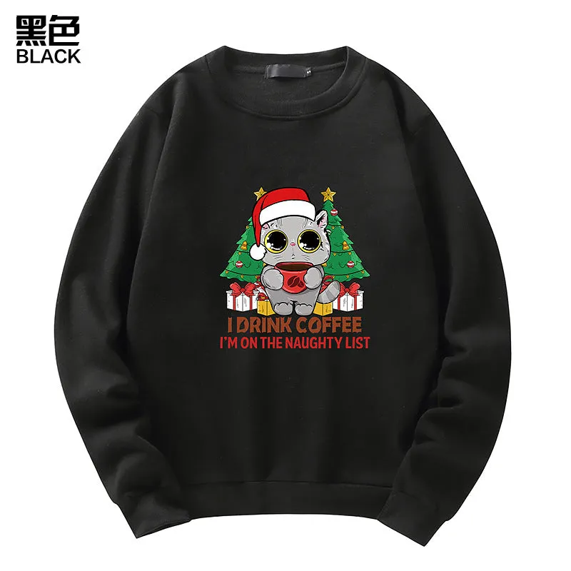 Men's Christmas Cat Print Crew Neck Sweatshirt