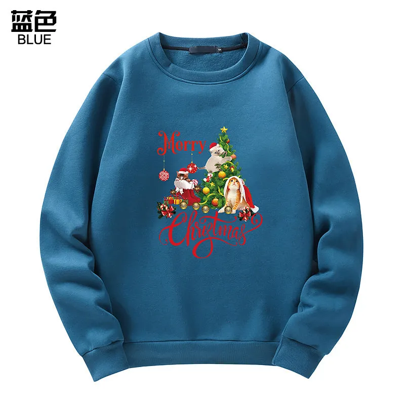 Men's Christmas Cat Print Crew Neck Sweatshirt