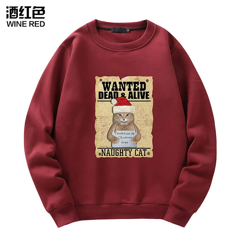 Men's Christmas Cat Print Crew Neck Sweatshirt