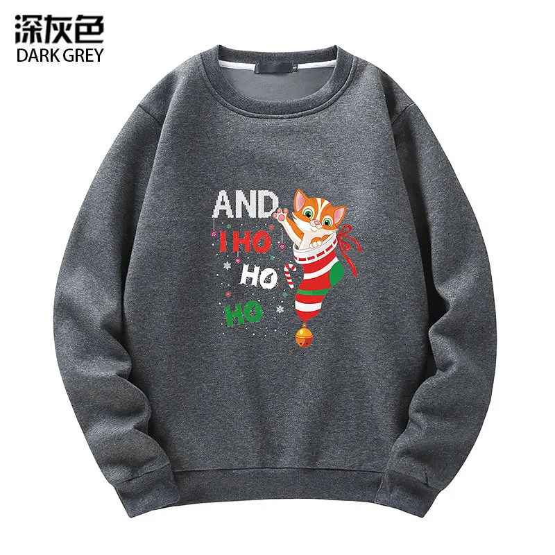 Men's Christmas Cat Print Crew Neck Sweatshirt