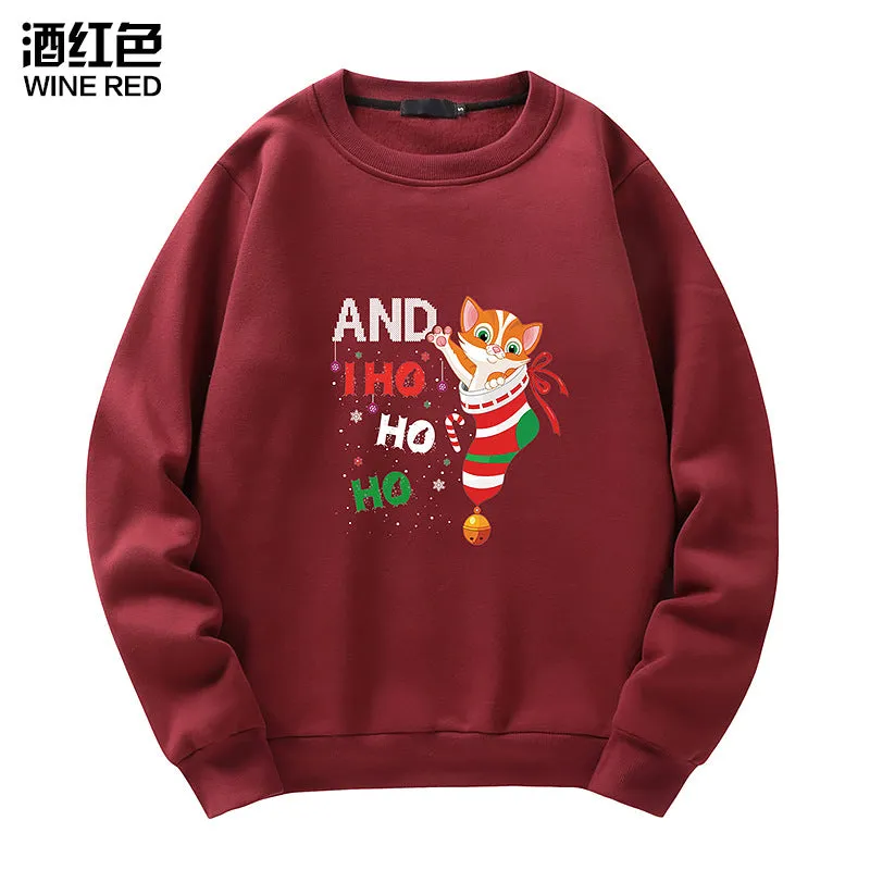 Men's Christmas Cat Print Crew Neck Sweatshirt