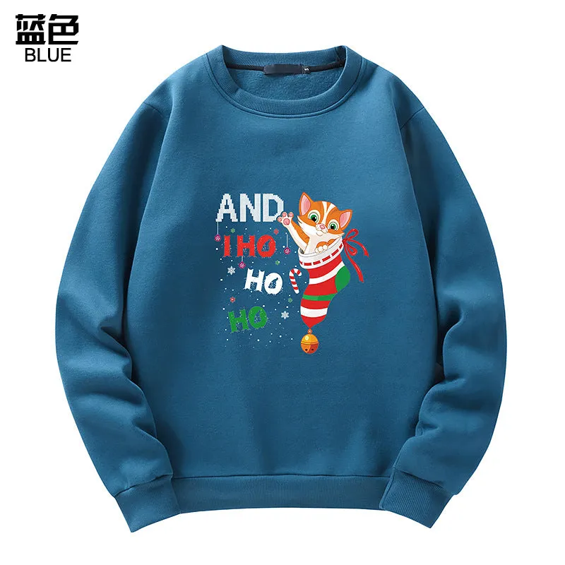 Men's Christmas Cat Print Crew Neck Sweatshirt