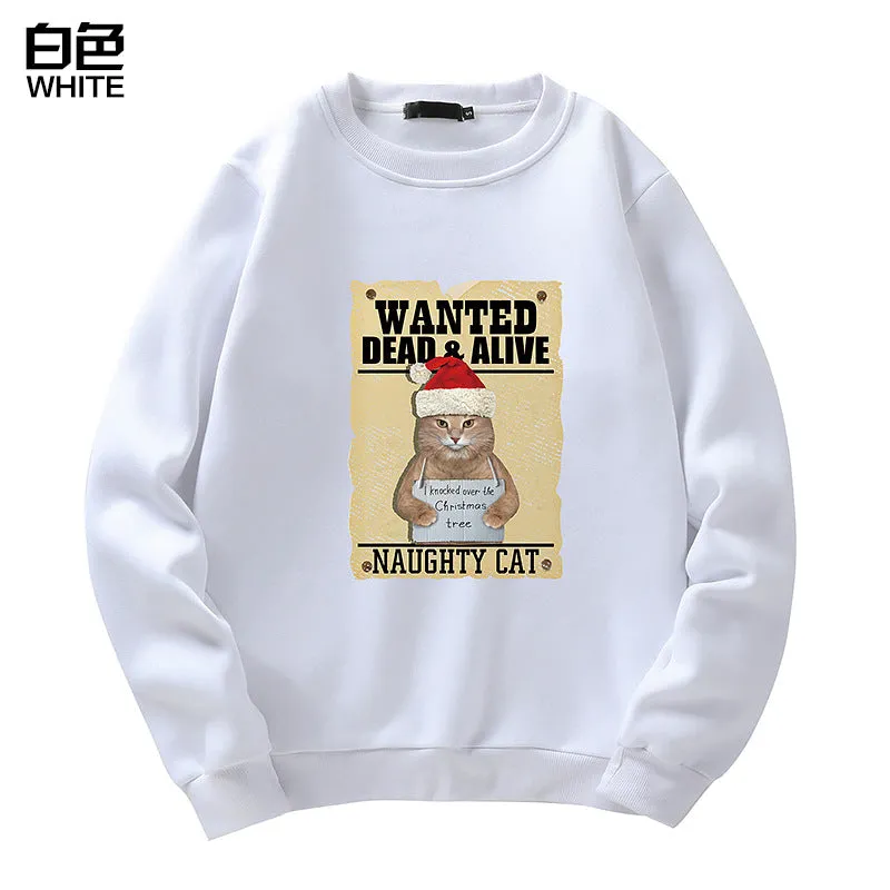 Men's Christmas Cat Print Crew Neck Sweatshirt