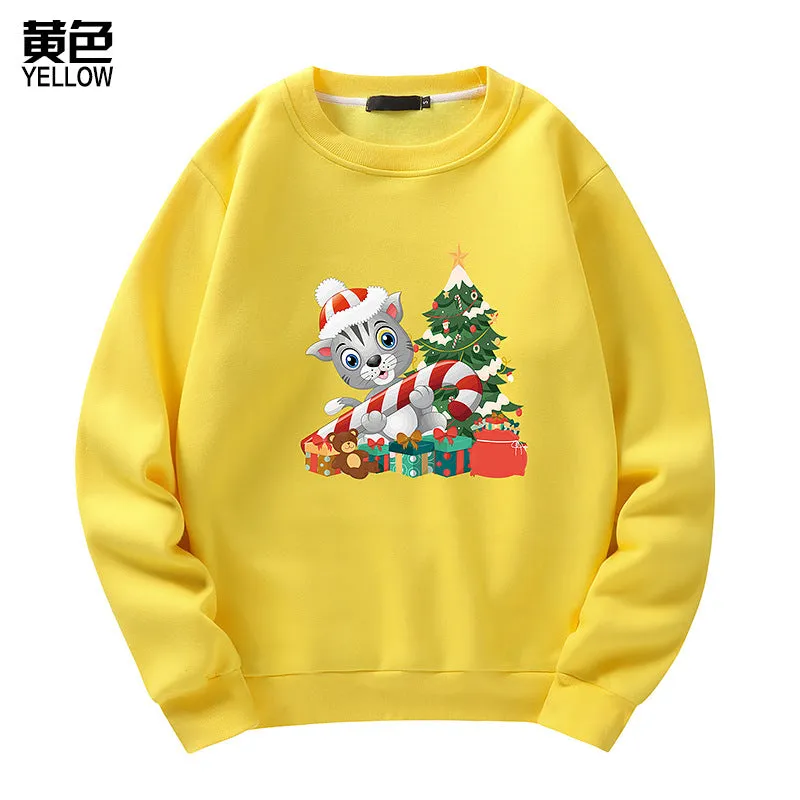 Men's Christmas Cat Print Crew Neck Sweatshirt