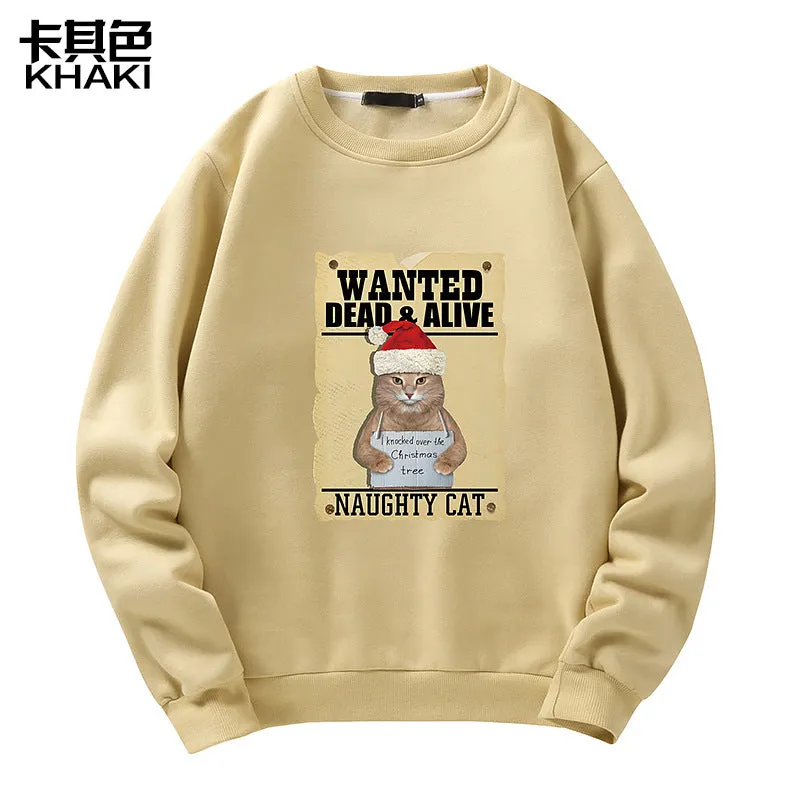 Men's Christmas Cat Print Crew Neck Sweatshirt