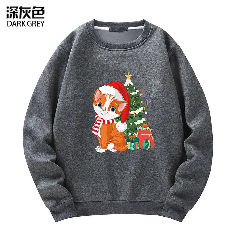 Men's Christmas Cat Print Crew Neck Sweatshirt