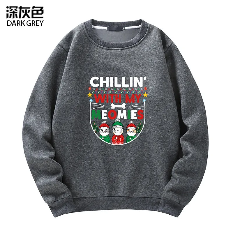 Men's Christmas Cat Print Crew Neck Sweatshirt