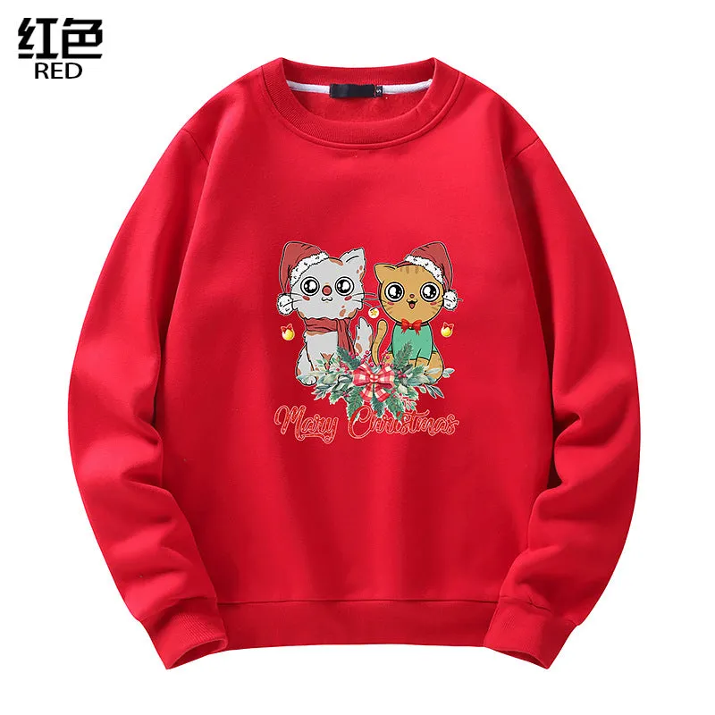 Men's Christmas Cat Print Crew Neck Sweatshirt