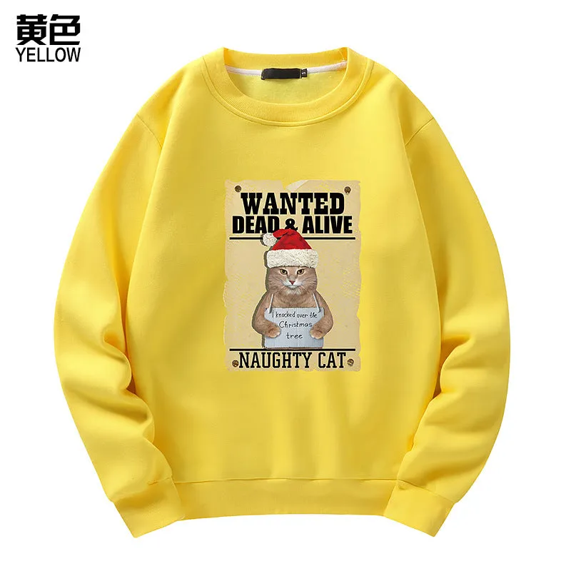 Men's Christmas Cat Print Crew Neck Sweatshirt