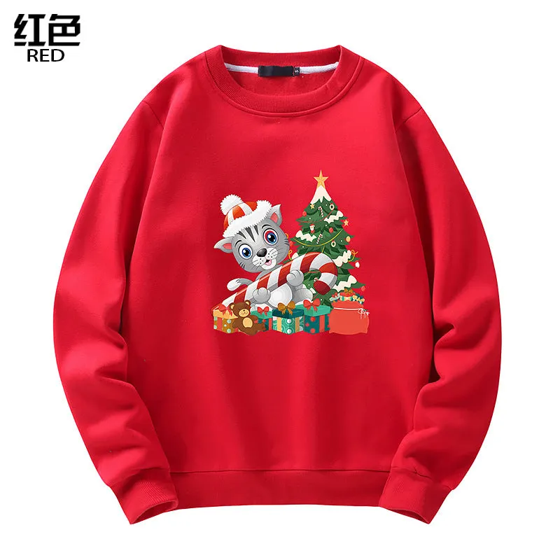 Men's Christmas Cat Print Crew Neck Sweatshirt