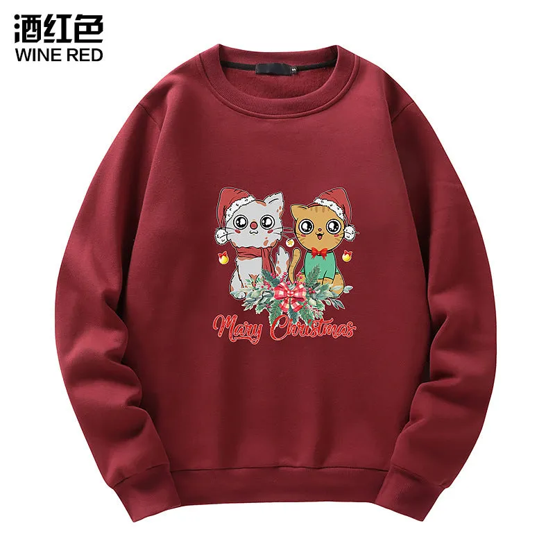 Men's Christmas Cat Print Crew Neck Sweatshirt