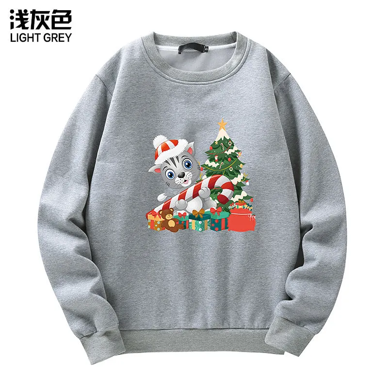 Men's Christmas Cat Print Crew Neck Sweatshirt