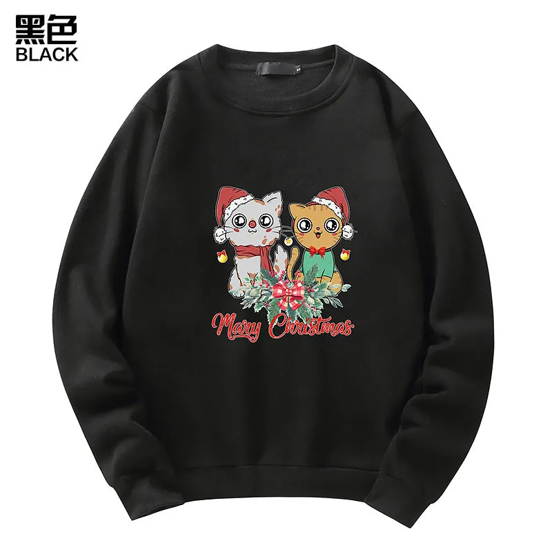 Men's Christmas Cat Print Crew Neck Sweatshirt