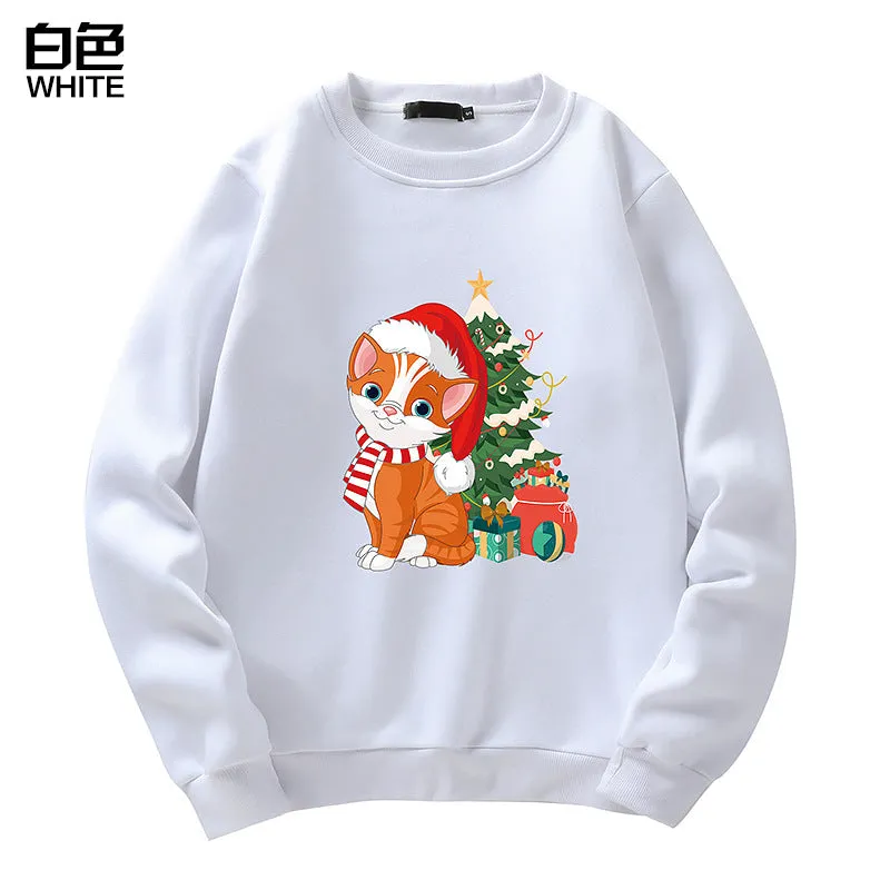 Men's Christmas Cat Print Crew Neck Sweatshirt