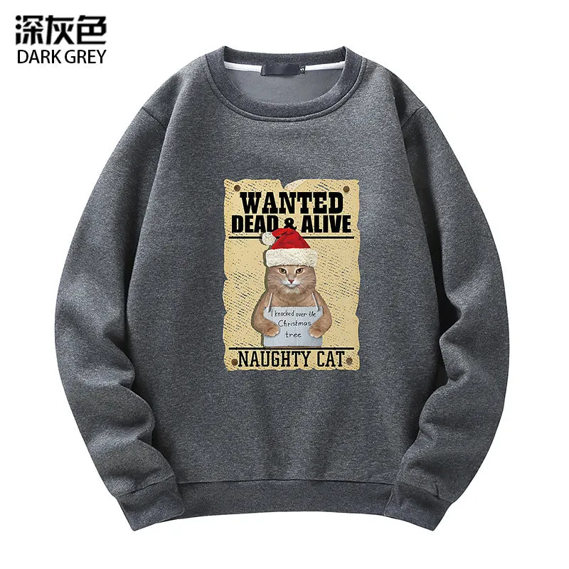 Men's Christmas Cat Print Crew Neck Sweatshirt