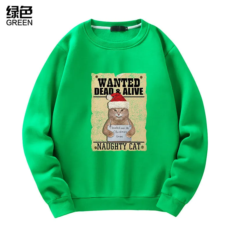 Men's Christmas Cat Print Crew Neck Sweatshirt