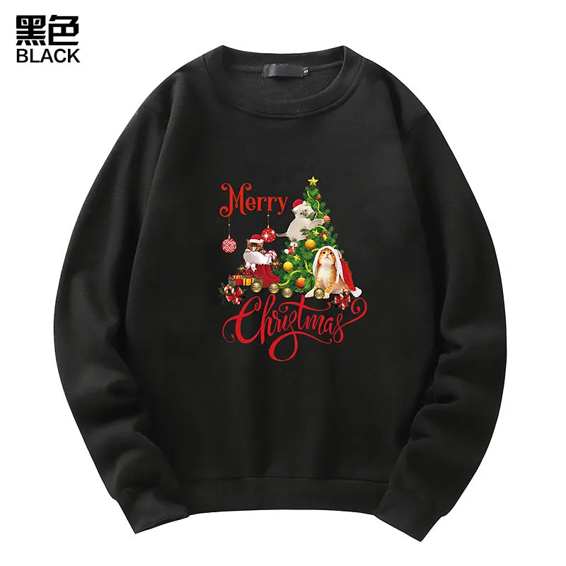 Men's Christmas Cat Print Crew Neck Sweatshirt