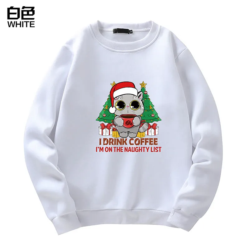 Men's Christmas Cat Print Crew Neck Sweatshirt