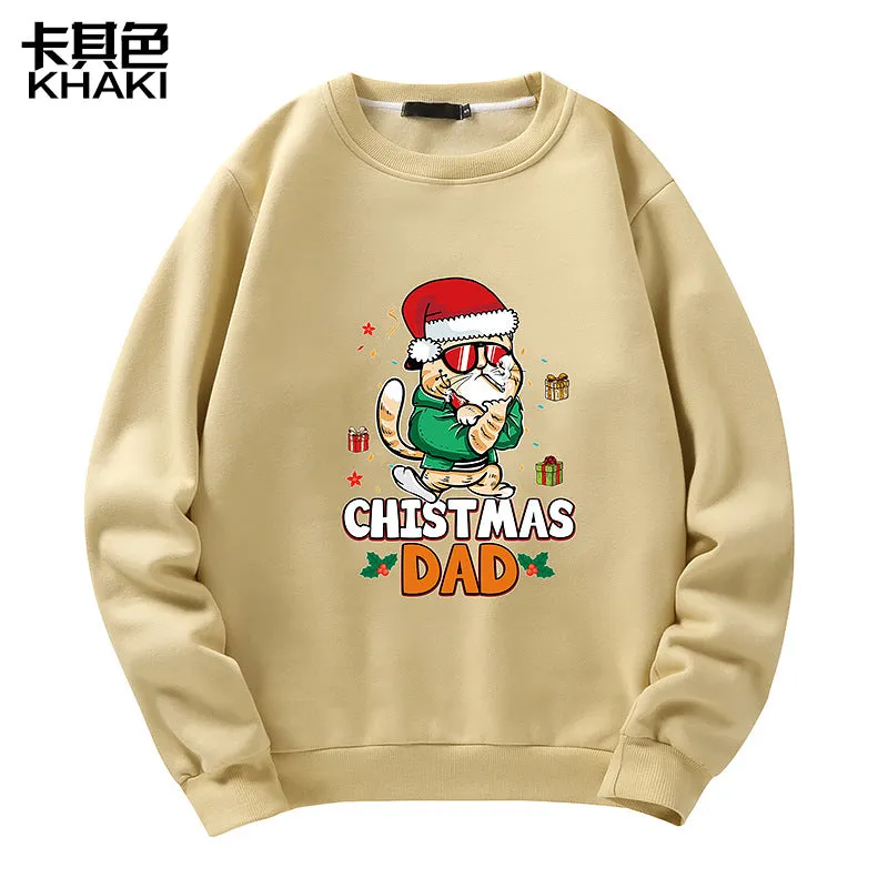 Men's Christmas Cat Print Crew Neck Sweatshirt