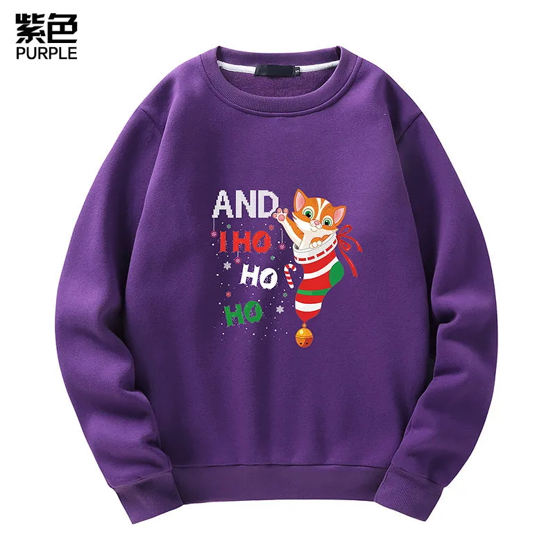 Men's Christmas Cat Print Crew Neck Sweatshirt