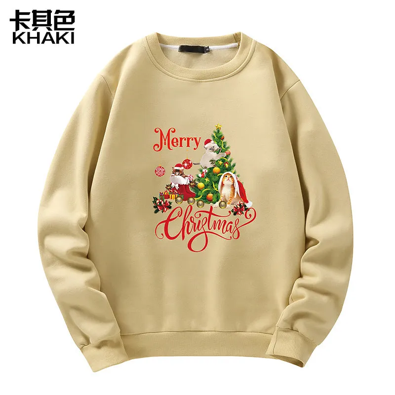 Men's Christmas Cat Print Crew Neck Sweatshirt