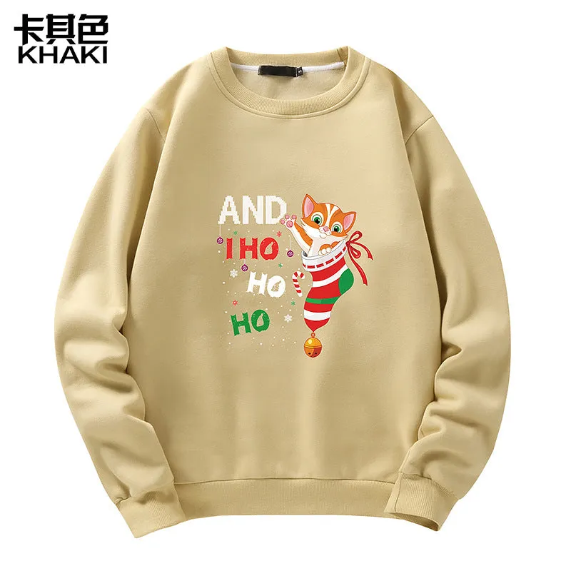 Men's Christmas Cat Print Crew Neck Sweatshirt