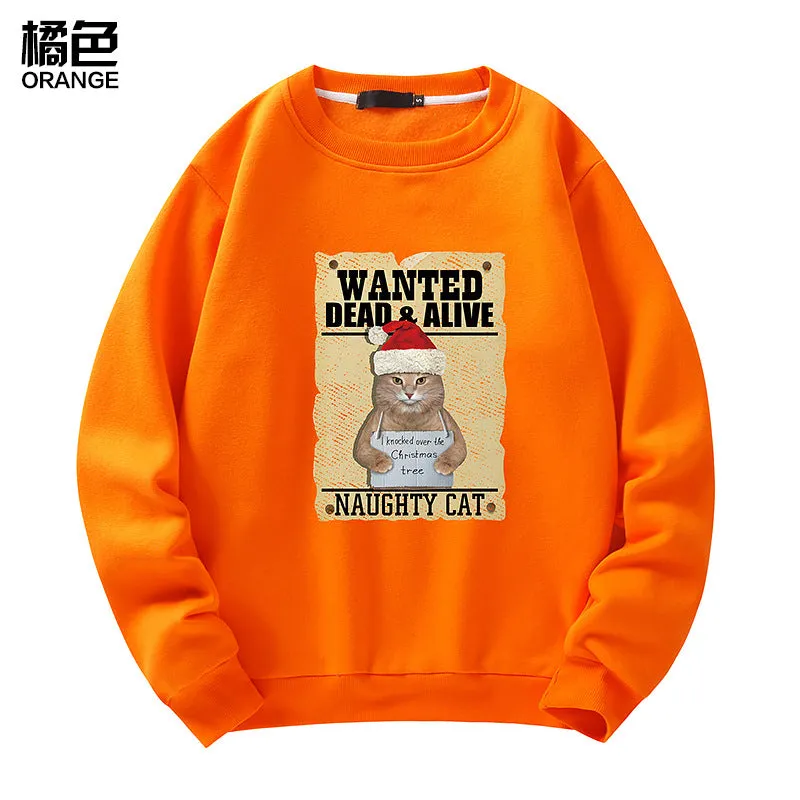 Men's Christmas Cat Print Crew Neck Sweatshirt