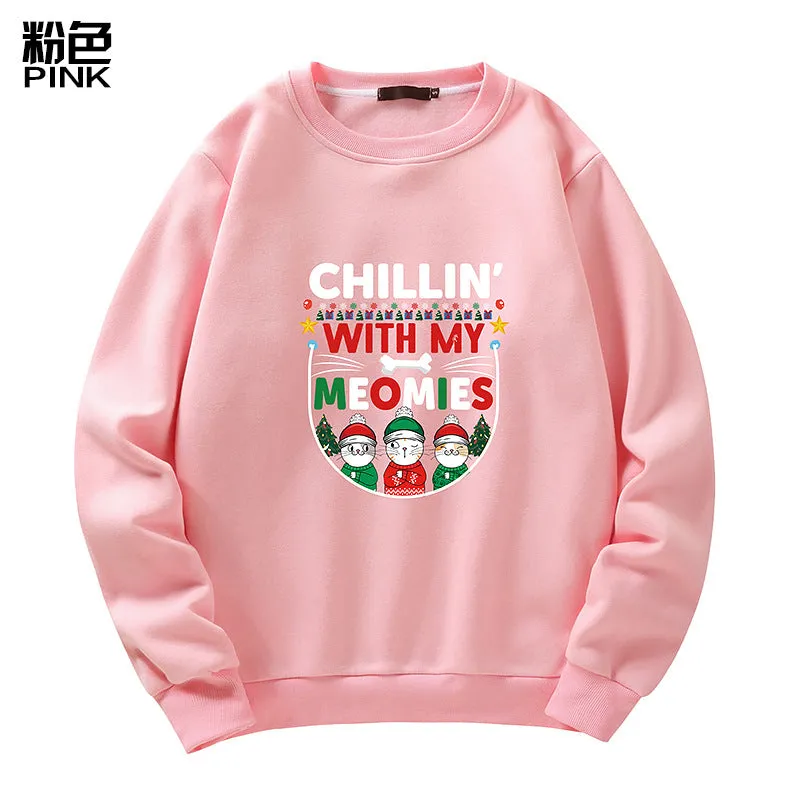 Men's Christmas Cat Print Crew Neck Sweatshirt