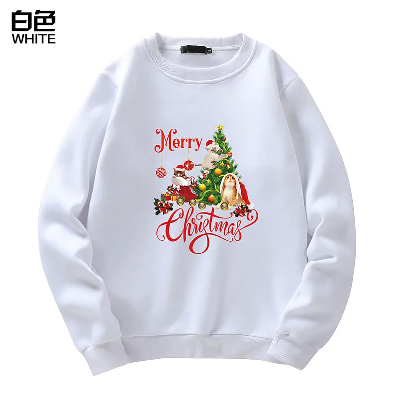 Men's Christmas Cat Print Crew Neck Sweatshirt