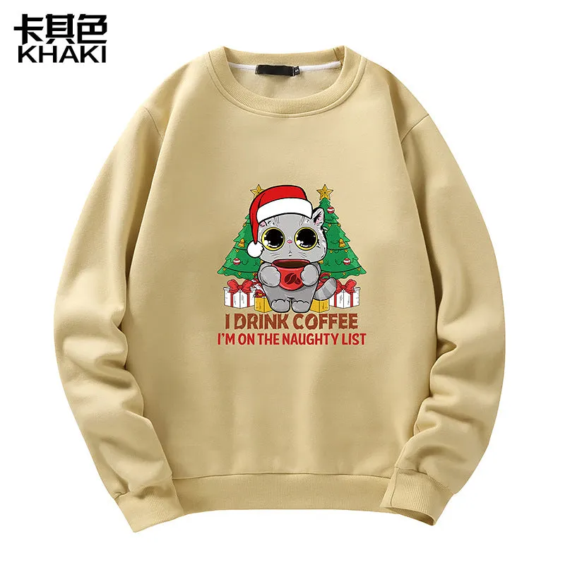 Men's Christmas Cat Print Crew Neck Sweatshirt