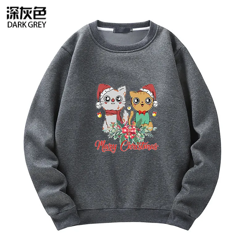 Men's Christmas Cat Print Crew Neck Sweatshirt