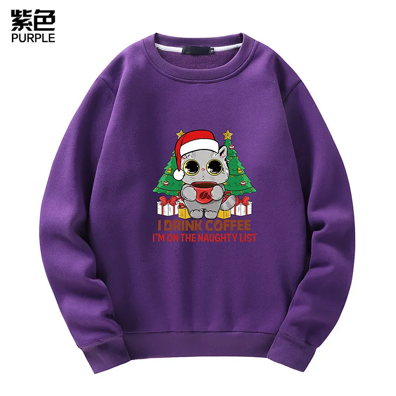 Men's Christmas Cat Print Crew Neck Sweatshirt